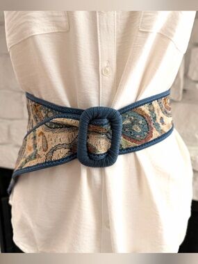 Vintage Leather Shop Paisley Tapestry Belt M/L Teal Boho New Old Stock